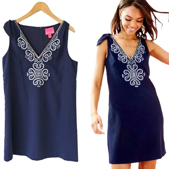 Lilly Pulitzer Dresses & Skirts - LILLY PULITZER Penelope Embellished Shift Dress Size 12 True Navy Party Dressy